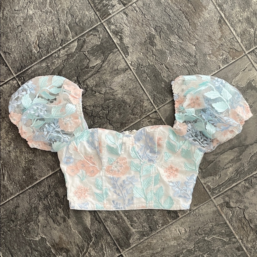 Floral Puff Sleeve Fairy Pastel Sweetheart Neckline Coquette Crop Corset Top